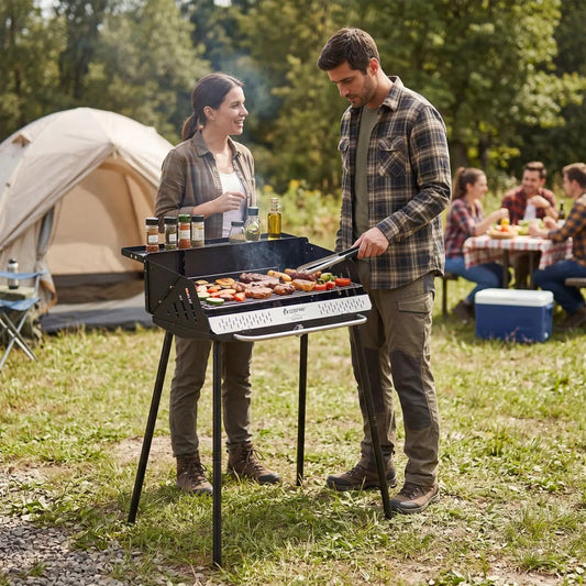 Portable Charcoal Grill with Adjustable Legs by DirectDeals on a campsite on Tampa Home & Garden Store