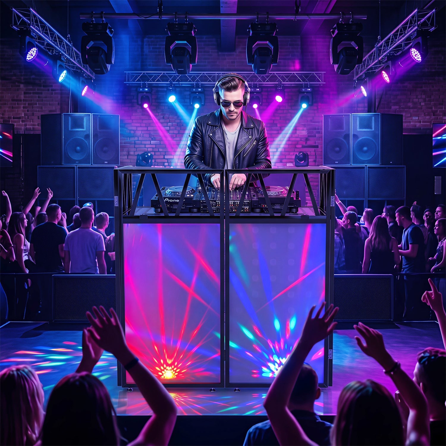 Portable DJ Booth with black scrims and LED-lit front panels in a crowded club scene on Tampa Home & Garden Store