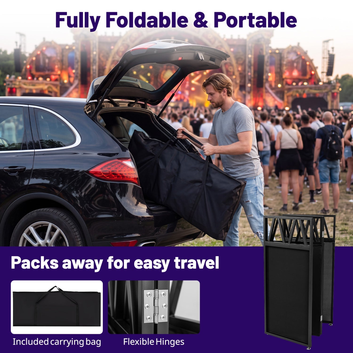 DirectDeals Portable DJ Booth with black scrims and carrying bag, man loading gear into SUV on Tampa Home & Garden Store