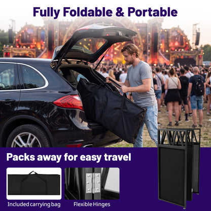 DirectDeals Portable DJ Booth with black scrims and carrying bag, man loading gear into SUV on Tampa Home & Garden Store