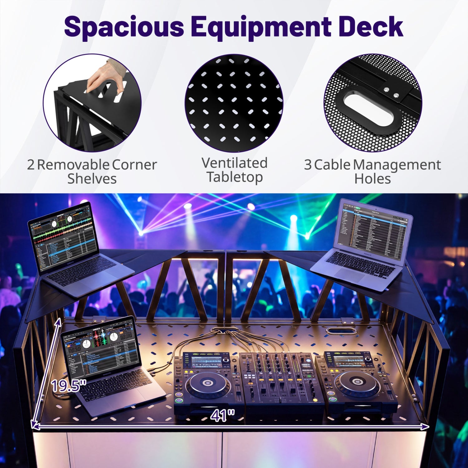 Portable DJ Booth by DirectDeals; 41in wide, 2 corner shelves, 3 cable holes, carrying bag on Tampa Home & Garden Store