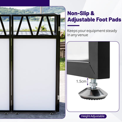 DirectDeals portable DJ booth with black scrims and white panels, outdoor setup, adjustable feet on Tampa Home & Garden Store