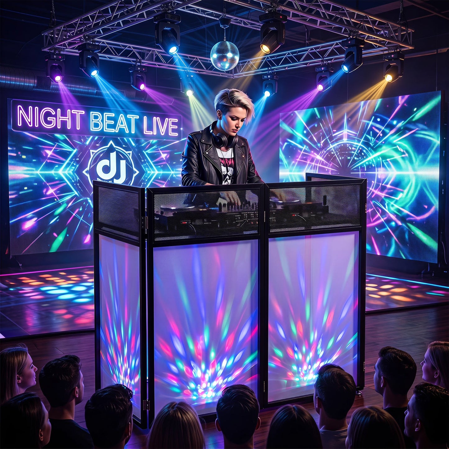 Portable DJ Booth with adjustable feet and detachable tabletop, black metal frame with panels on Tampa Home & Garden Store