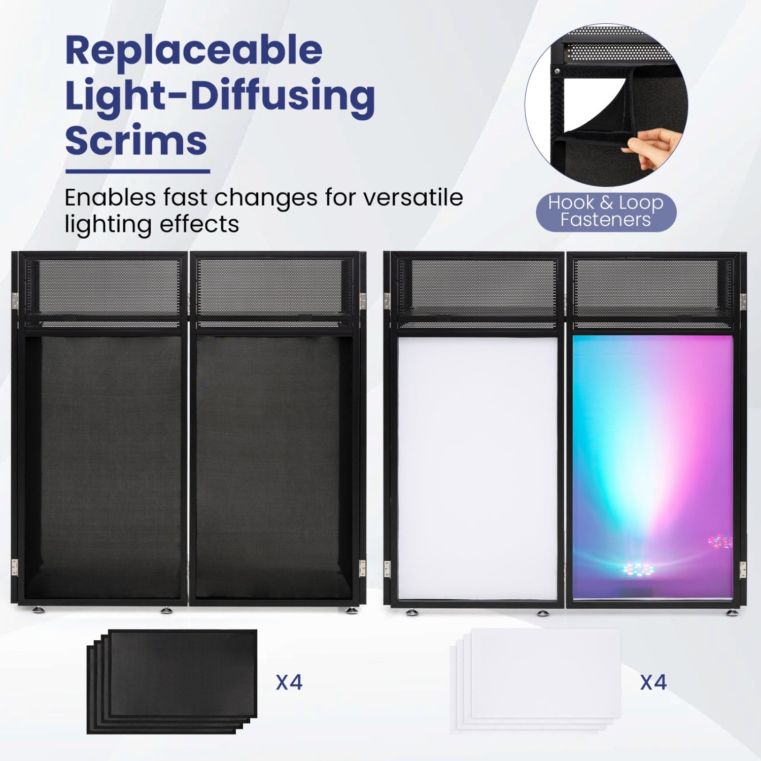 Portable DJ Booth panels with light-diffusing scrims; 4 black frames, hook & loop fasteners on Tampa Home & Garden Store
