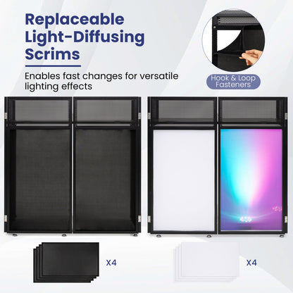 Portable DJ Booth panels with light-diffusing scrims; 4 black frames, hook & loop fasteners on Tampa Home & Garden Store