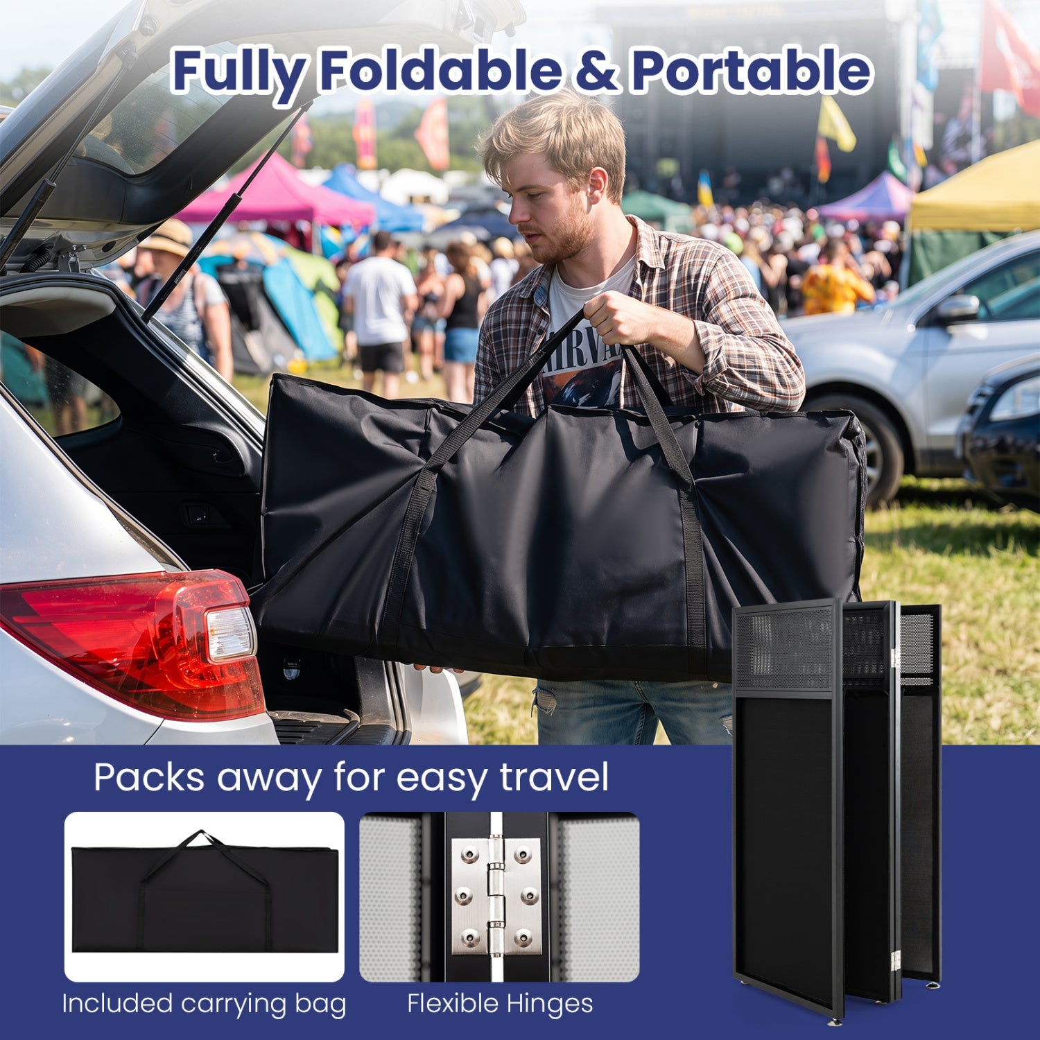 DirectDeals black portable DJ booth with adjustable feet and detachable tabletop packed into car on Tampa Home & Garden Store