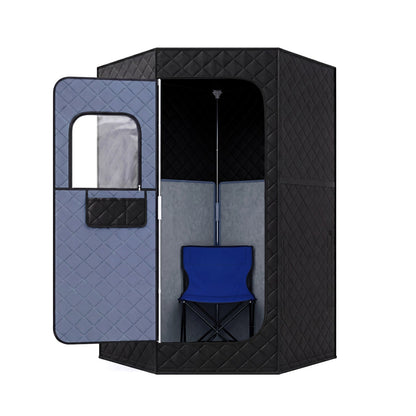 GemGear portable infrared sauna box for home; black quilted exterior, chair inside on Tampa Home & Garden Store