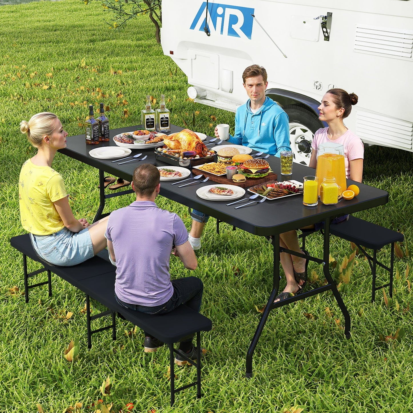 GemGear folding camping table with carrying handle and 2 attached benches, black top on Tampa Home & Garden Store