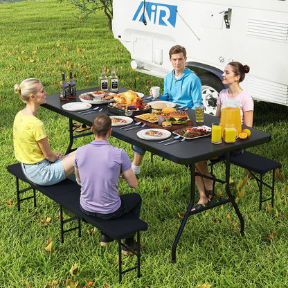 GemGear folding camping table with carrying handle and 2 attached benches, black top on Tampa Home & Garden Store