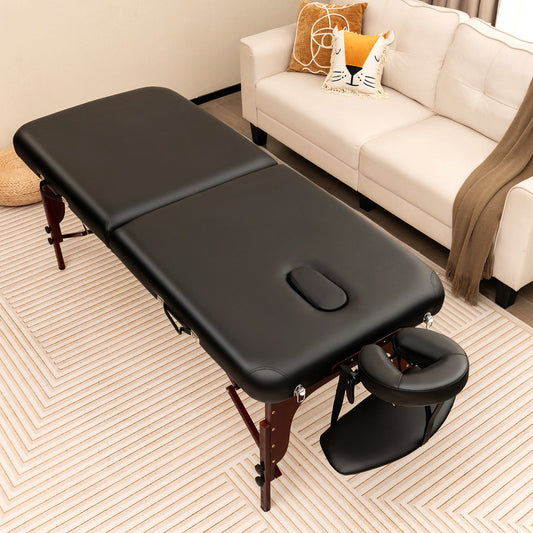 Folding Massage Table with Height-adjustable Beech Wood Frame-Black - Tampa Home & Garden Store