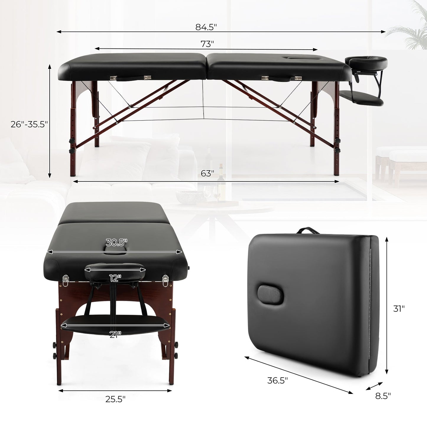 Folding Massage Table with Height-adjustable Beech Wood Frame-Black