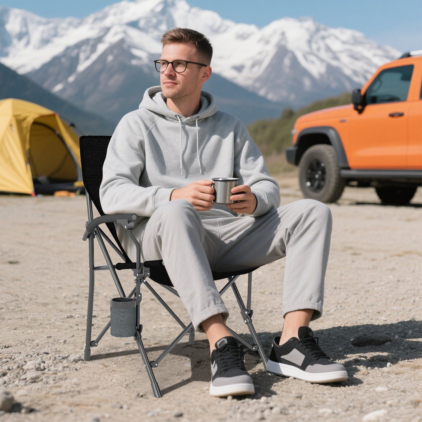 GemGear portable folding Oxford camping chair with cup holder and side pocket, black fabric on Tampa Home & Garden Store