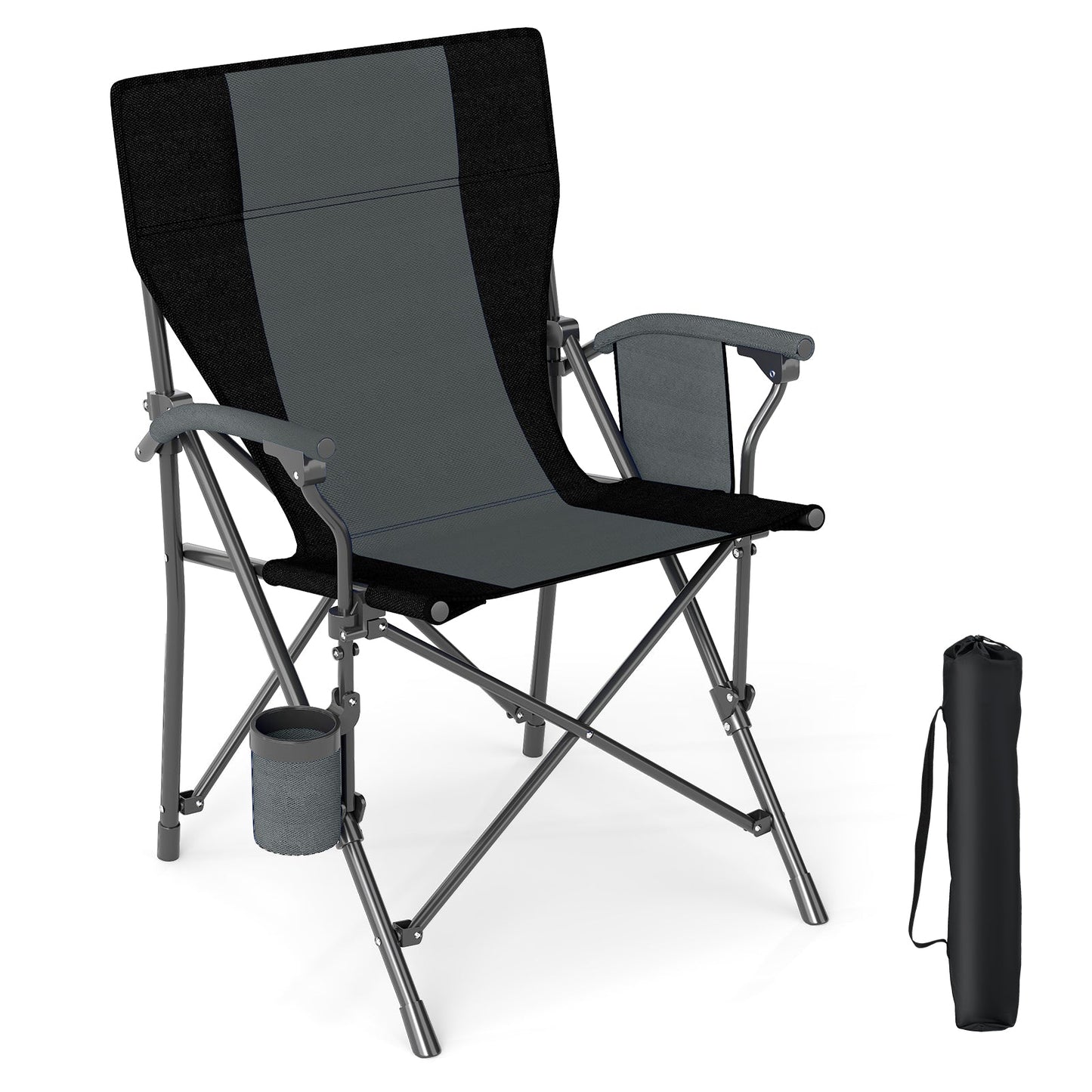 Portable folding camping chair GemGear in black gray Oxford fabric with cup holder on Tampa Home & Garden Store