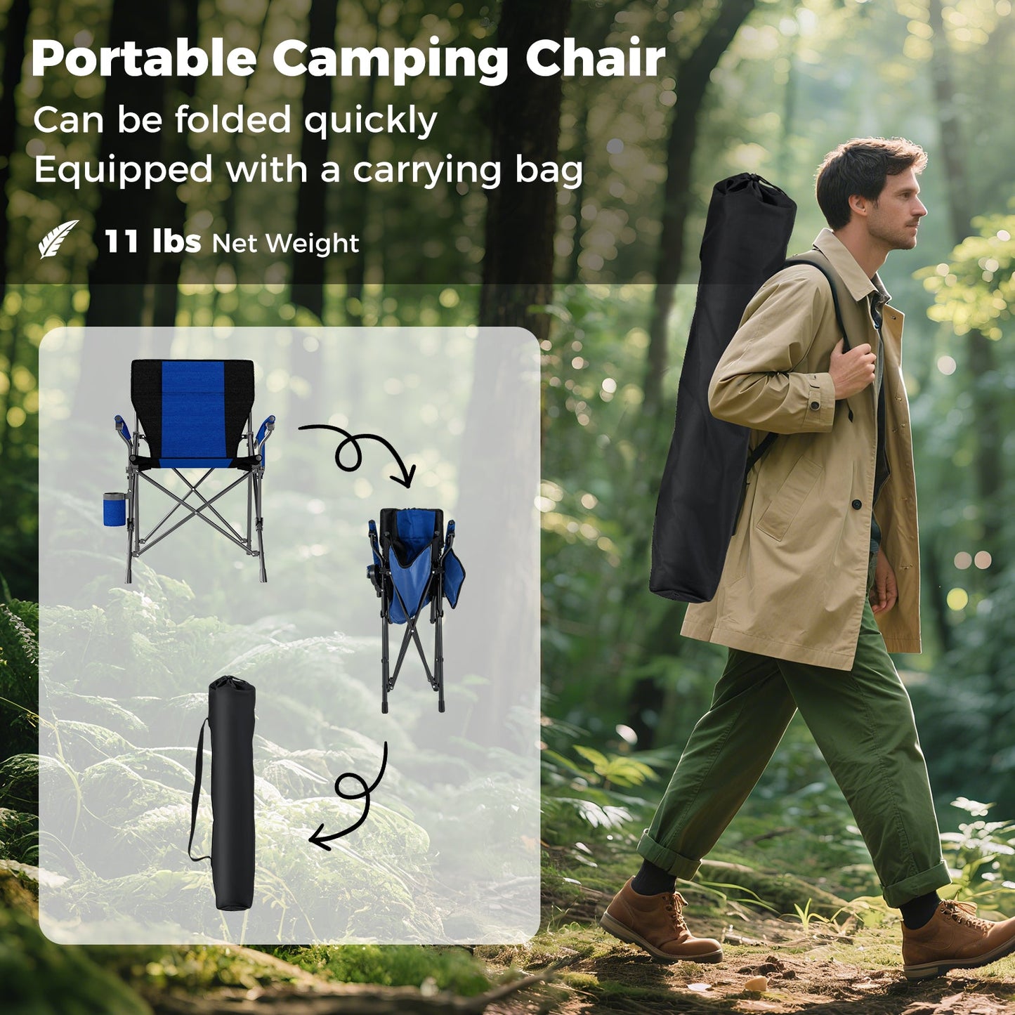 GemGear portable folding camping chair with blue Oxford cloth seat, cup holder and side pocket on Tampa Home & Garden Store
