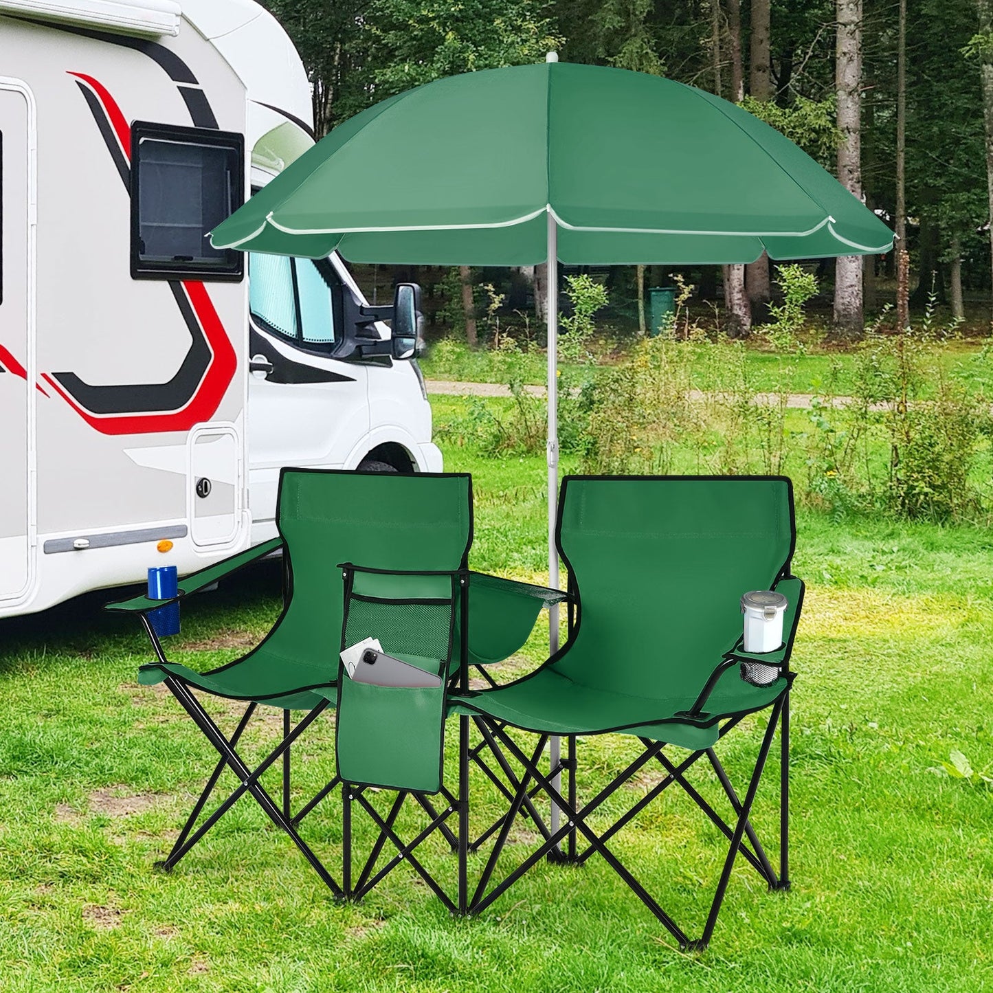 GemGear portable folding picnic double chairs in green with black frames under a green umbrella on Tampa Home & Garden Store
