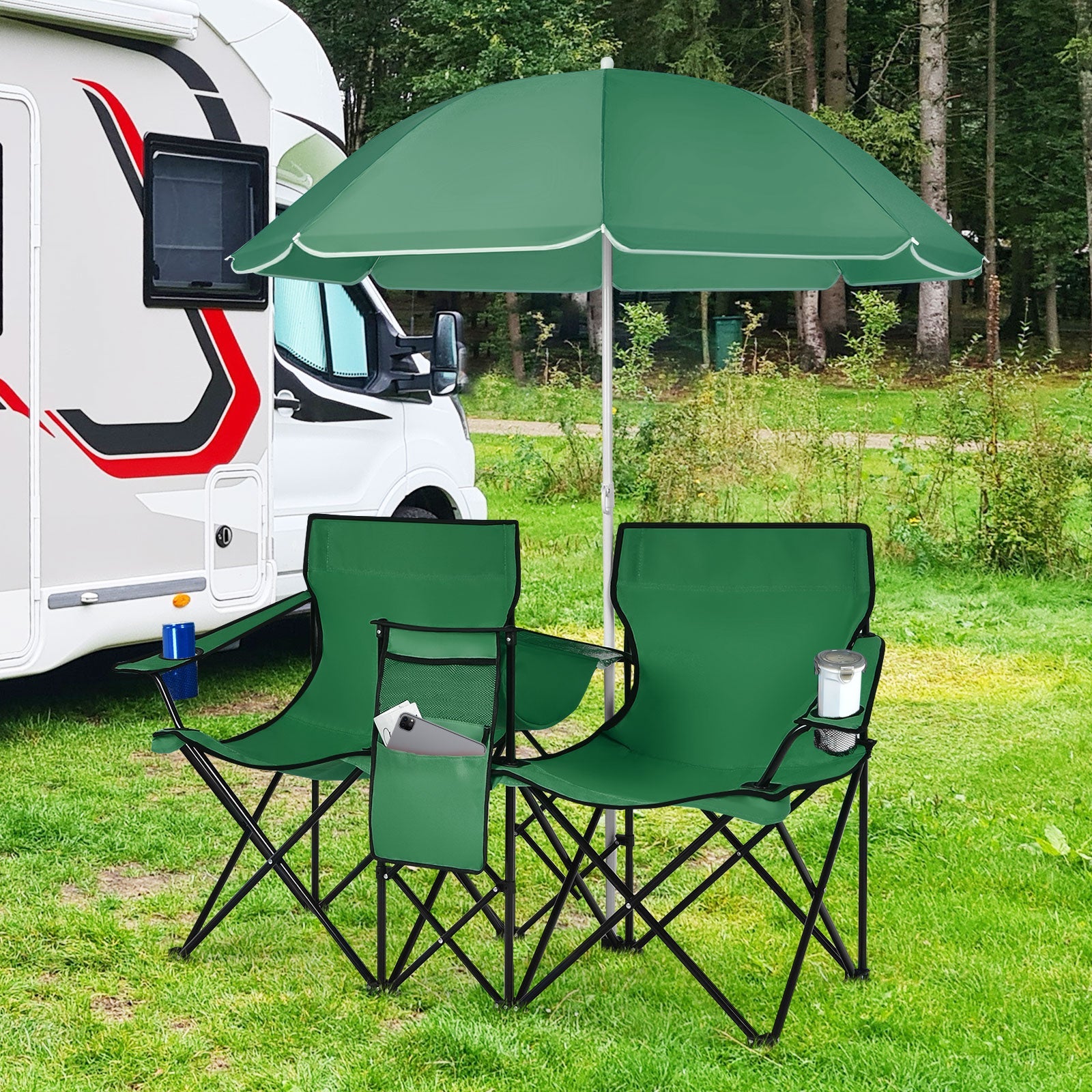 GemGear portable folding picnic double chairs in green with black frames under a green umbrella on Tampa Home & Garden Store