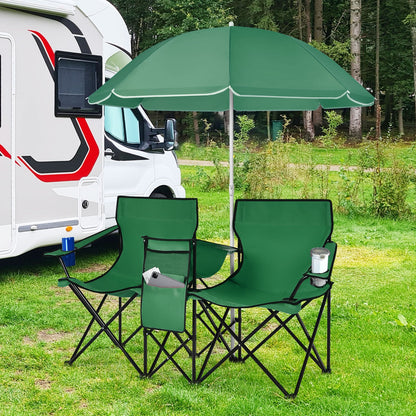 GemGear portable folding picnic double chairs in green with black frames under a green umbrella on Tampa Home & Garden Store