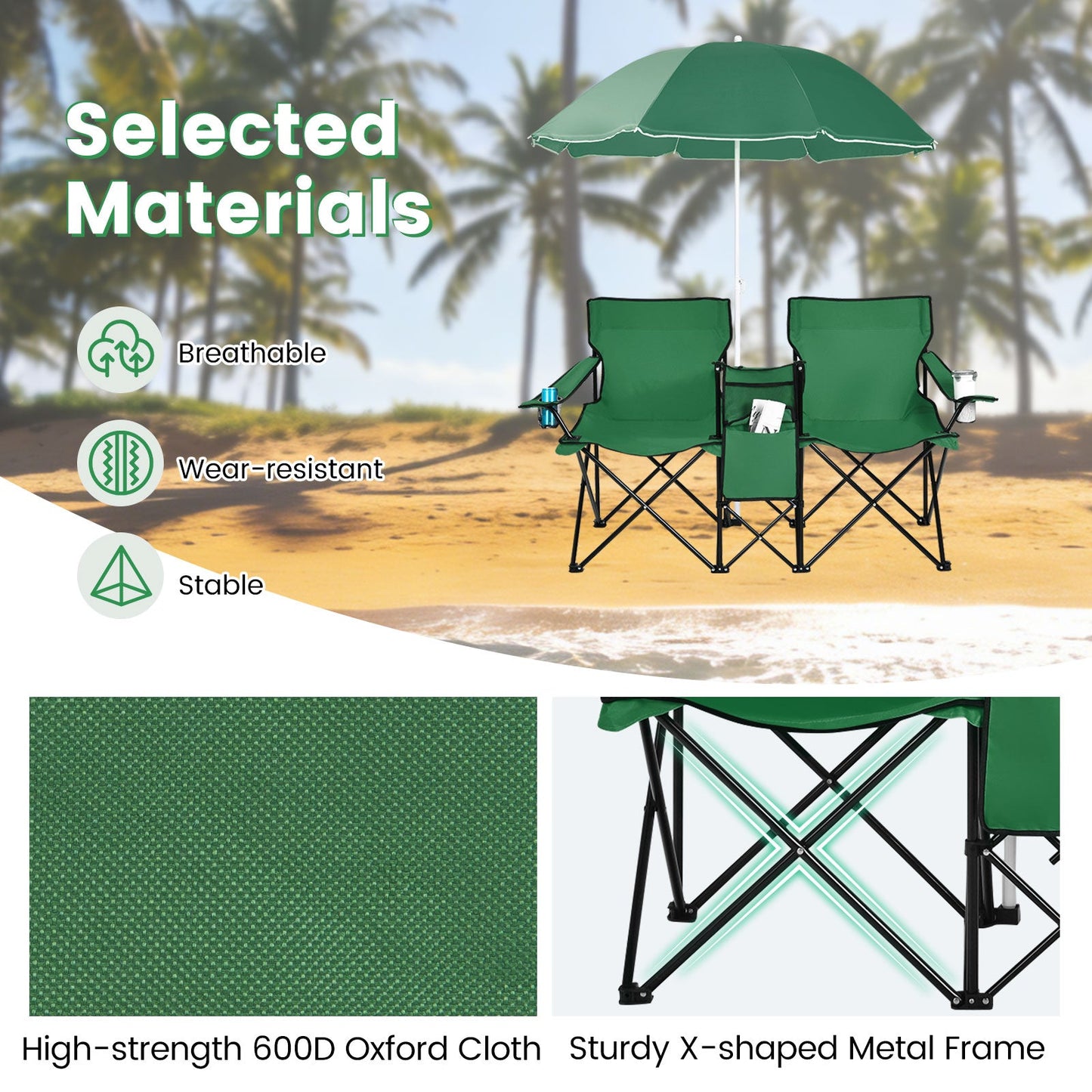 GemGear portable folding picnic double chair set with green fabric chairs and umbrella on Tampa Home & Garden Store