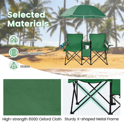 GemGear portable folding picnic double chair set with green fabric chairs and umbrella on Tampa Home & Garden Store