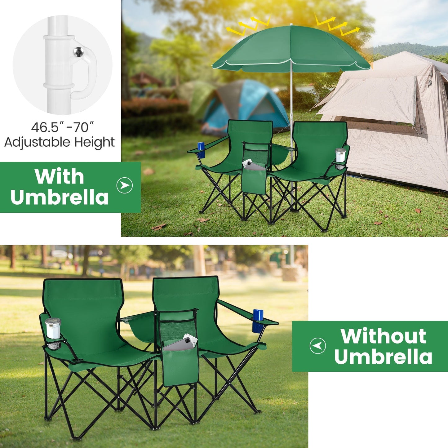 GemGear Portable Folding Picnic Double Chair set with umbrella, 2-seat outdoor camping chairs on Tampa Home & Garden Store