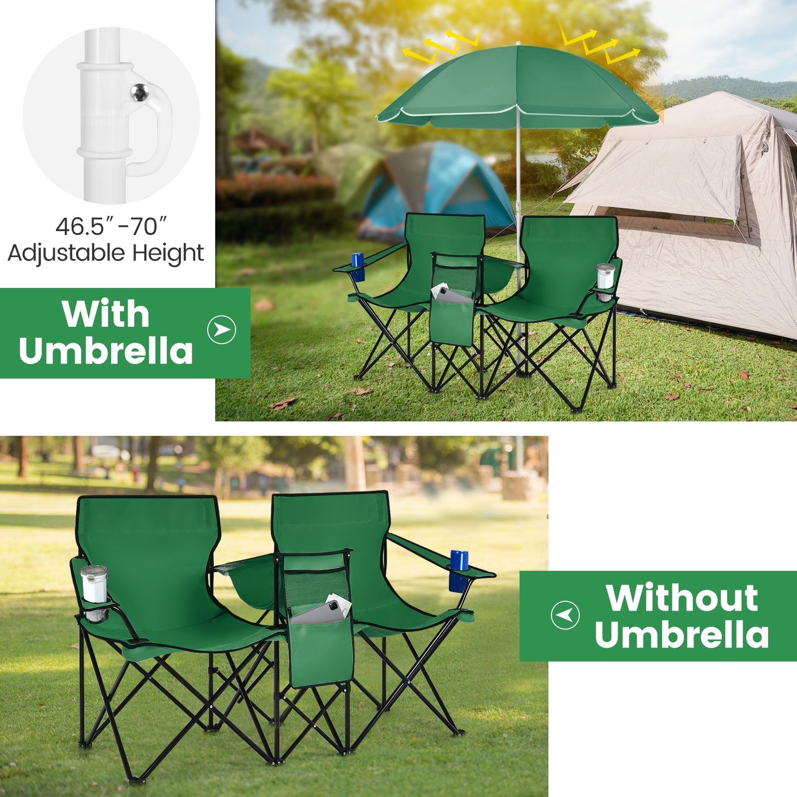 GemGear Portable Folding Picnic Double Chair set with umbrella, 2-seat outdoor camping chairs on Tampa Home & Garden Store