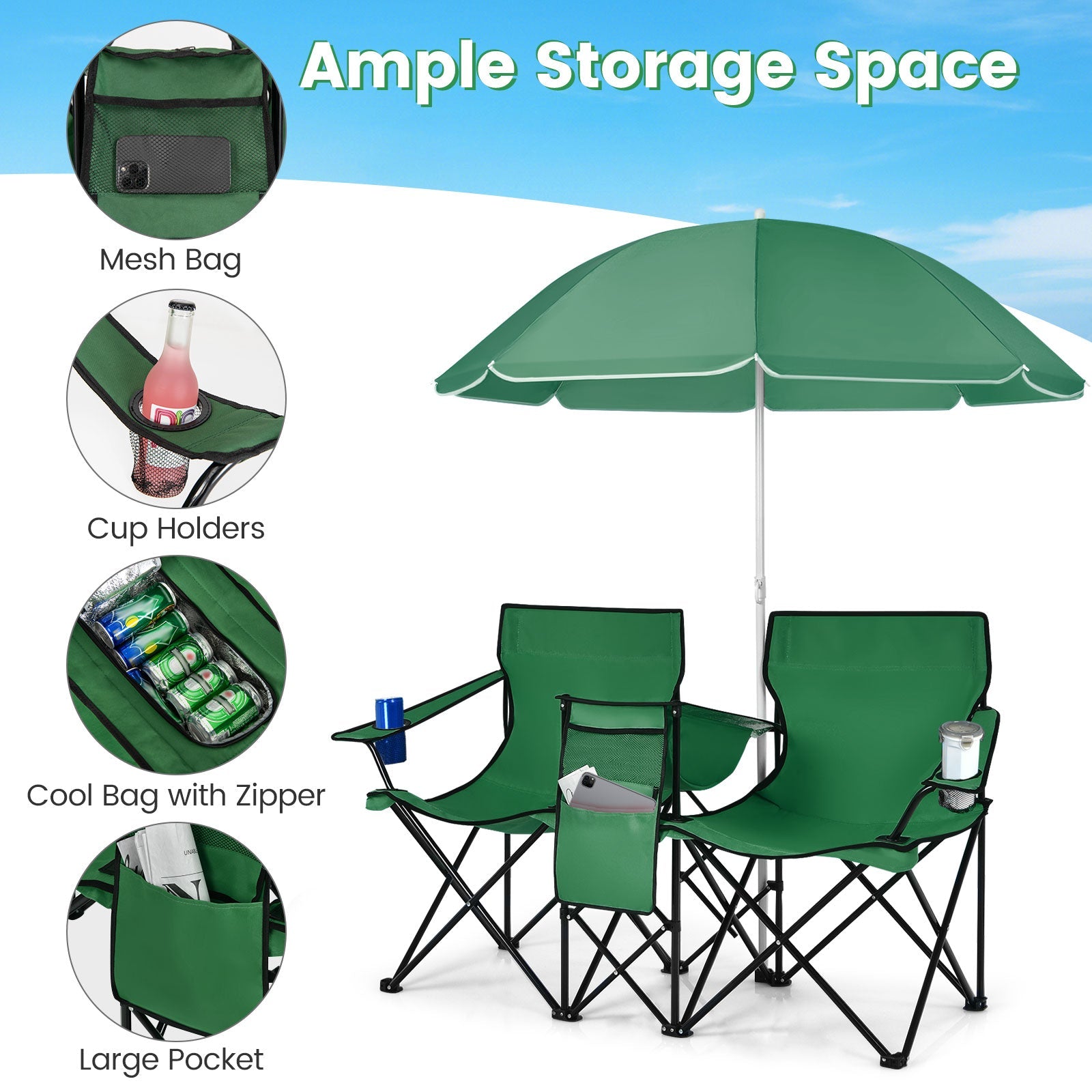 GemGear portable folding picnic double chair in green with cup holders on Tampa Home & Garden Store