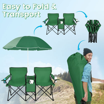 Portable Folding Picnic Double Chair GemGear green with built-in cup holders for camping on Tampa Home & Garden Store