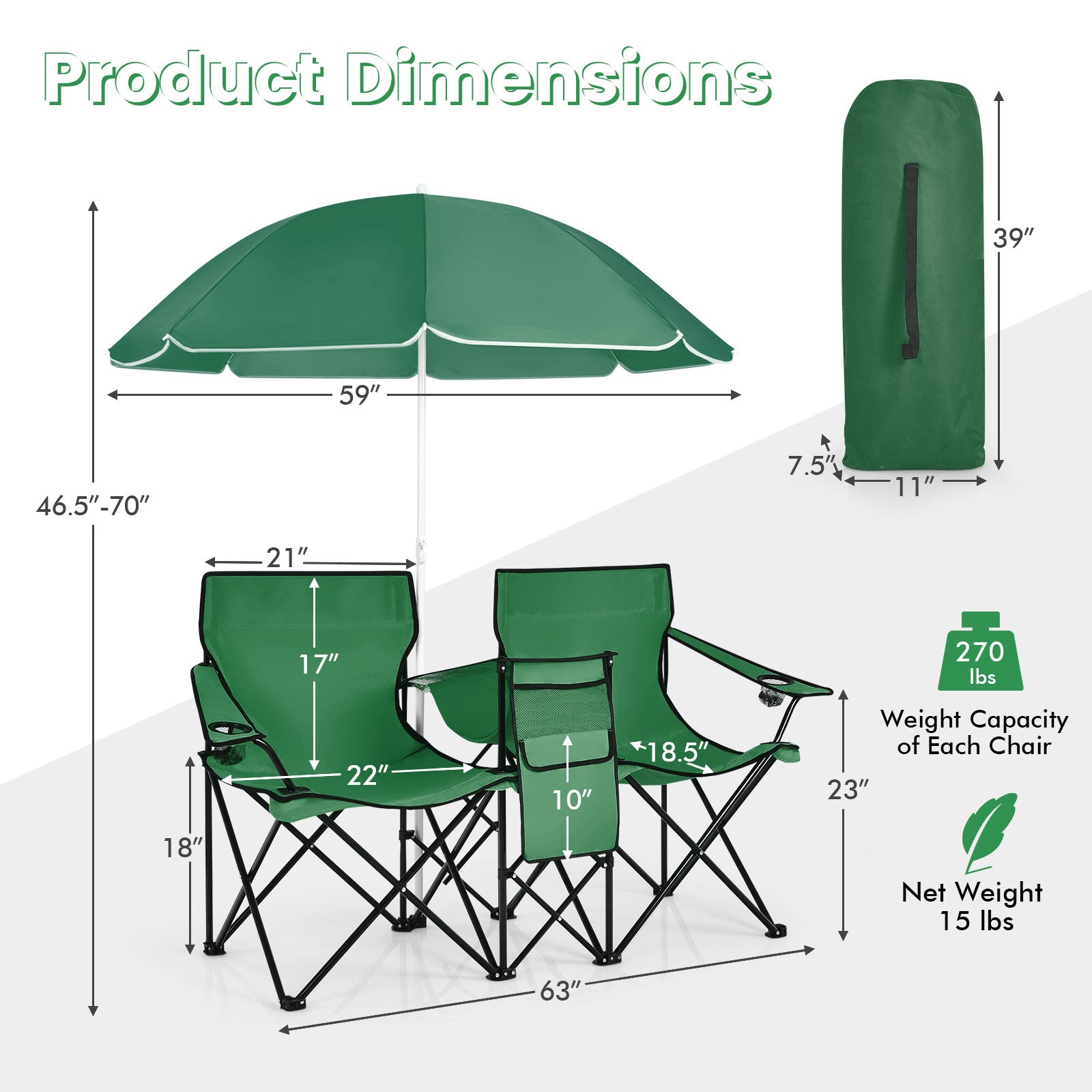 Portable Folding Picnic Double Chair GemGear green foldable camp furniture with umbrella on Tampa Home & Garden Store