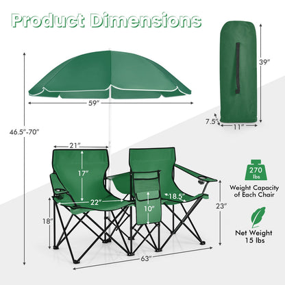 Portable Folding Picnic Double Chair GemGear green foldable camp furniture with umbrella on Tampa Home & Garden Store