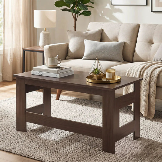 Dark wood folding coffee table with collapsible legs, 31.5x16, in beige living room with mug on Tampa Home & Garden Store