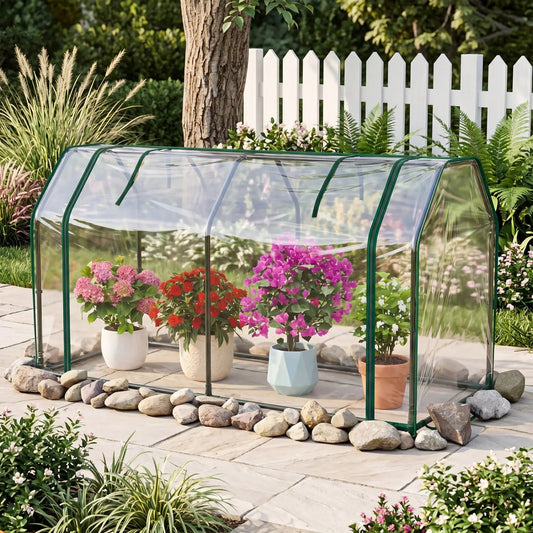 Portable mini greenhouse with clear PE cover, green frame, zippered door, DirectDeals on Tampa Home & Garden Store