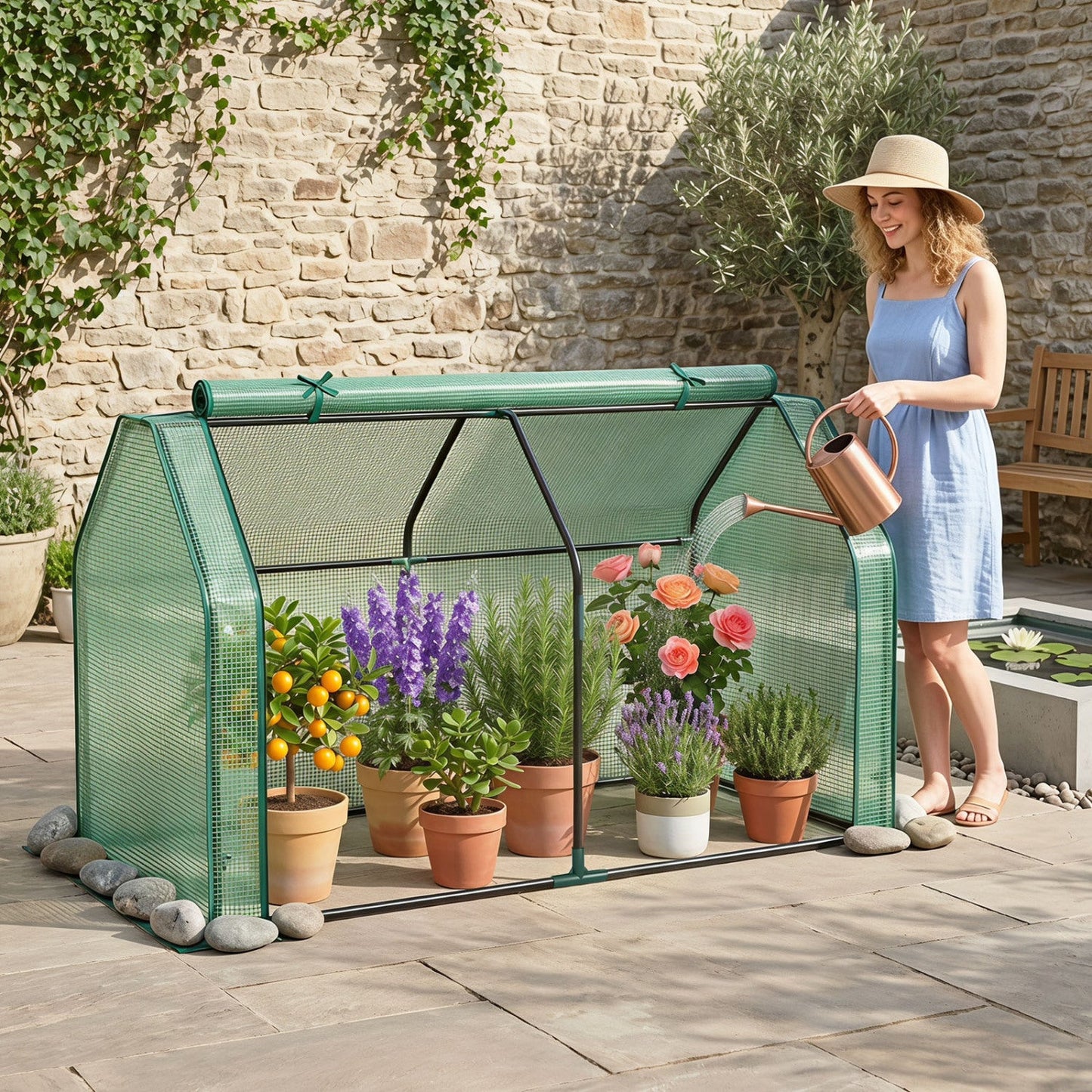 DirectDeals Portable Mini Greenhouse with PE cover and roll-up door, green mesh frame on Tampa Home & Garden Store