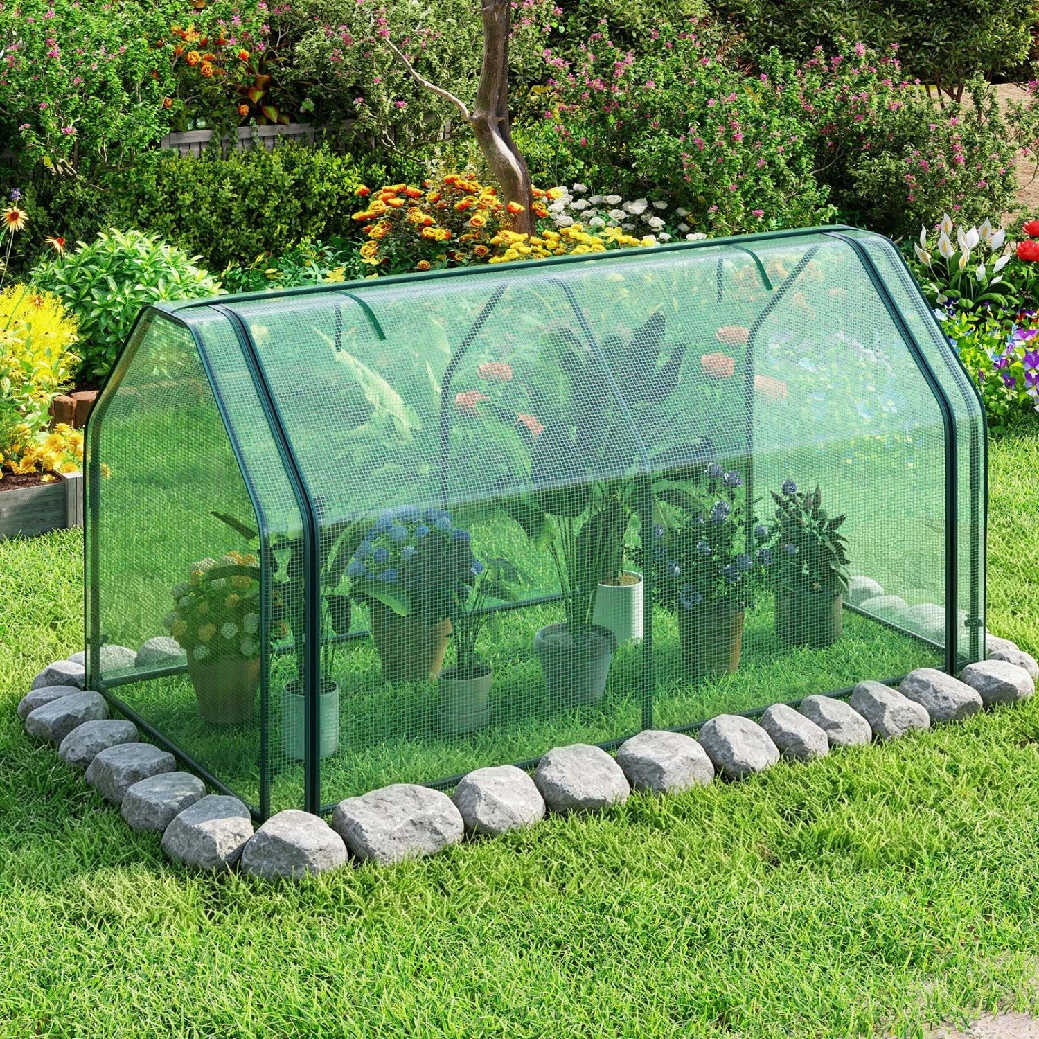 Portable mini greenhouse DirectDeals with green PE cover and mesh sides on Tampa Home & Garden Store