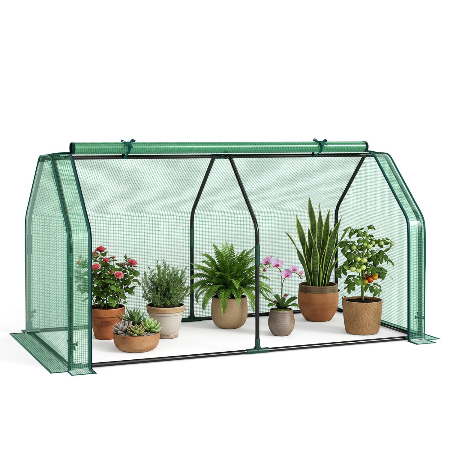 Portable Mini Greenhouse by DirectDeals with green PE cover, roll-up door and metal frame housing potted plants on Tampa Home & Garden Store