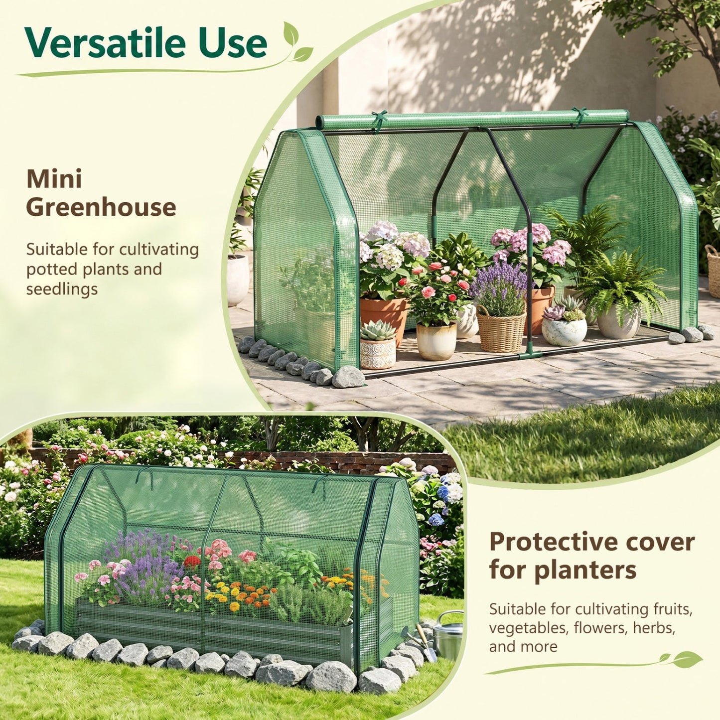 Portable mini greenhouse with PE cover and roll-up door, green mesh panels on a patio on Tampa Home & Garden Store