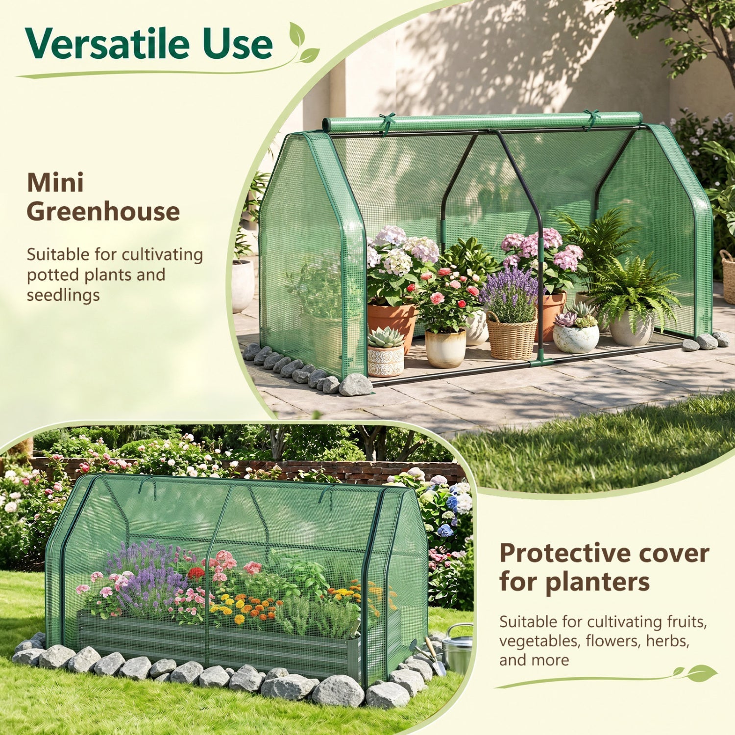 Portable mini greenhouse with PE cover and roll-up door, green mesh panels on a patio on Tampa Home & Garden Store