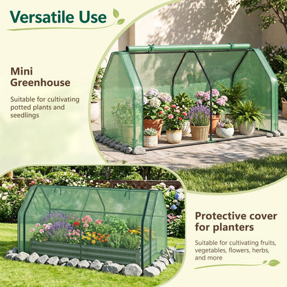Portable mini greenhouse with PE cover and roll-up door, green mesh panels on a patio on Tampa Home & Garden Store