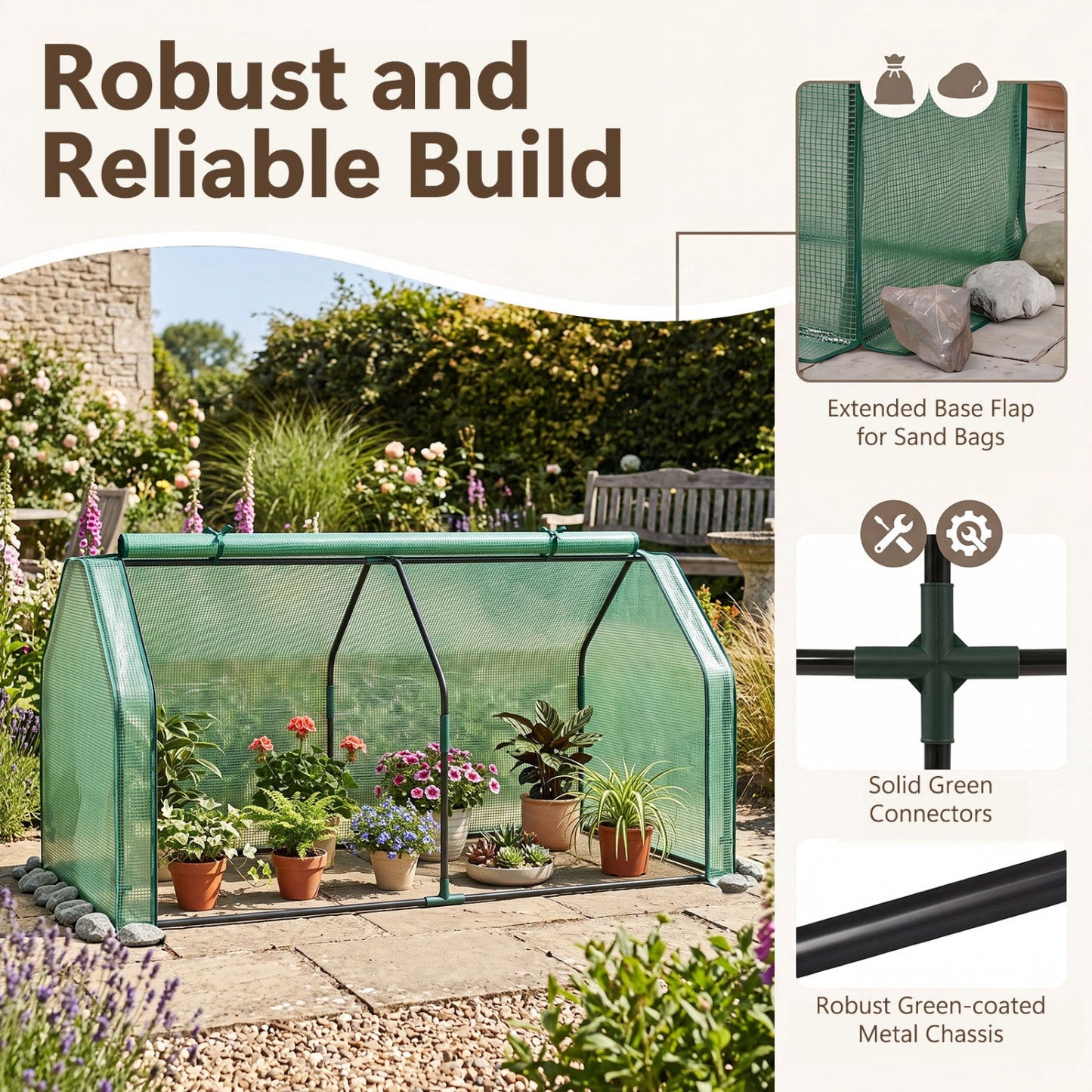 Portable mini greenhouse with green mesh panels and PE cover, roll-up door in a sunny garden with potted plants on Tampa Home & Garden Store
