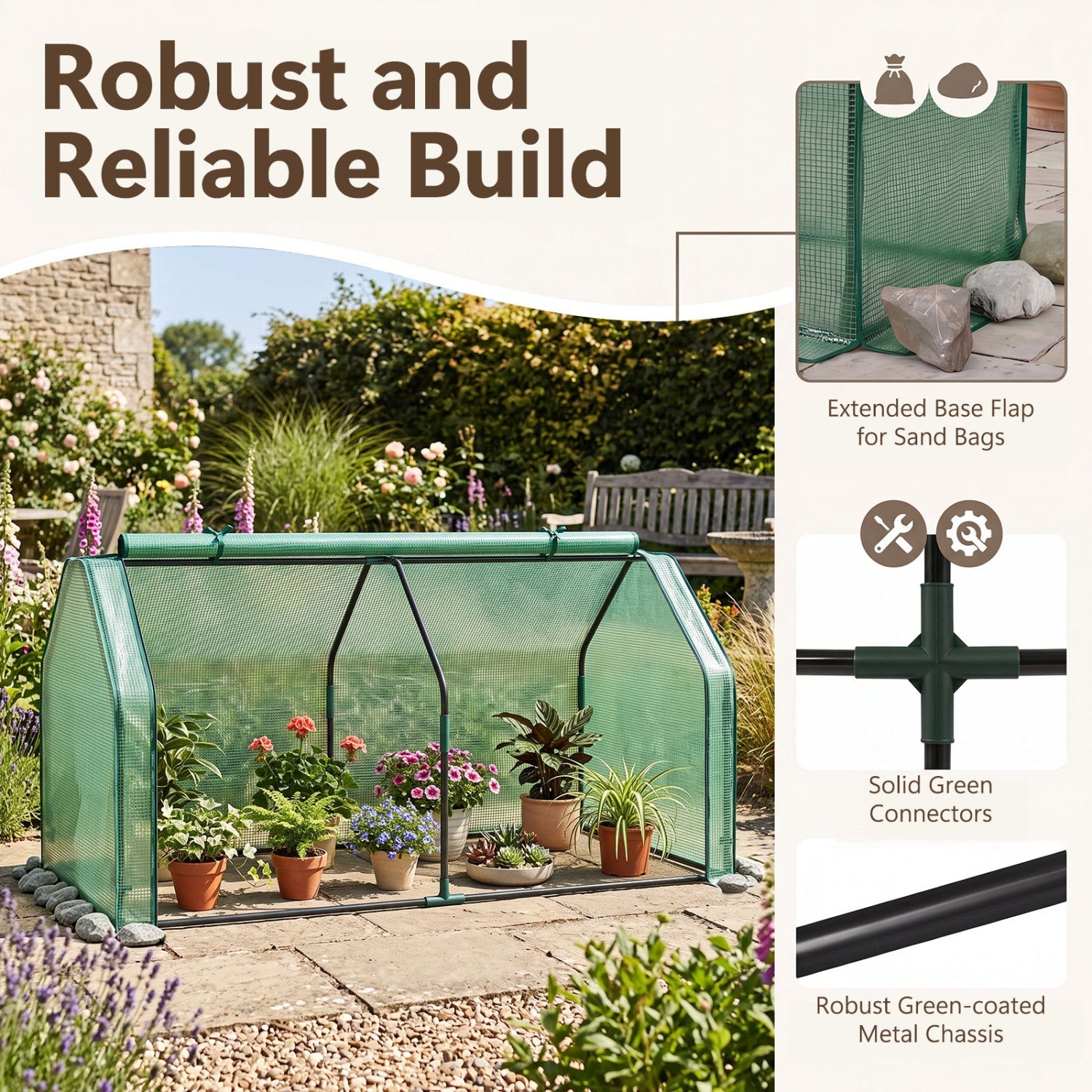 Portable mini greenhouse with green mesh panels and PE cover, roll-up door in a sunny garden with potted plants on Tampa Home & Garden Store