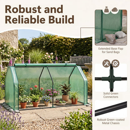 Portable mini greenhouse with green mesh panels and PE cover, roll-up door in a sunny garden with potted plants on Tampa Home & Garden Store