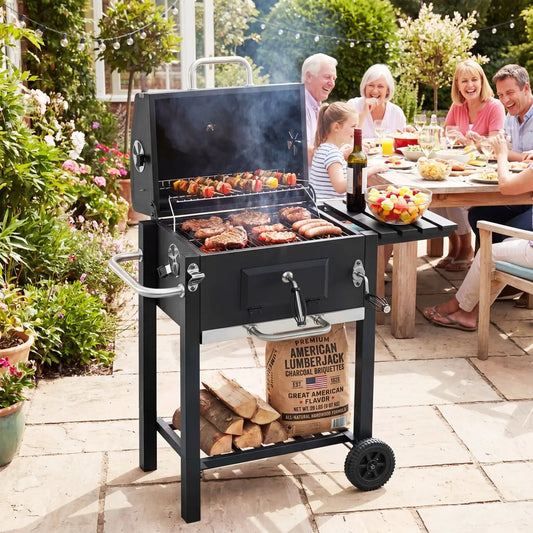 Charcoal Grill DirectDeals with adjustable tray and wheels, black finish for outdoor grilling on Tampa Home & Garden Store