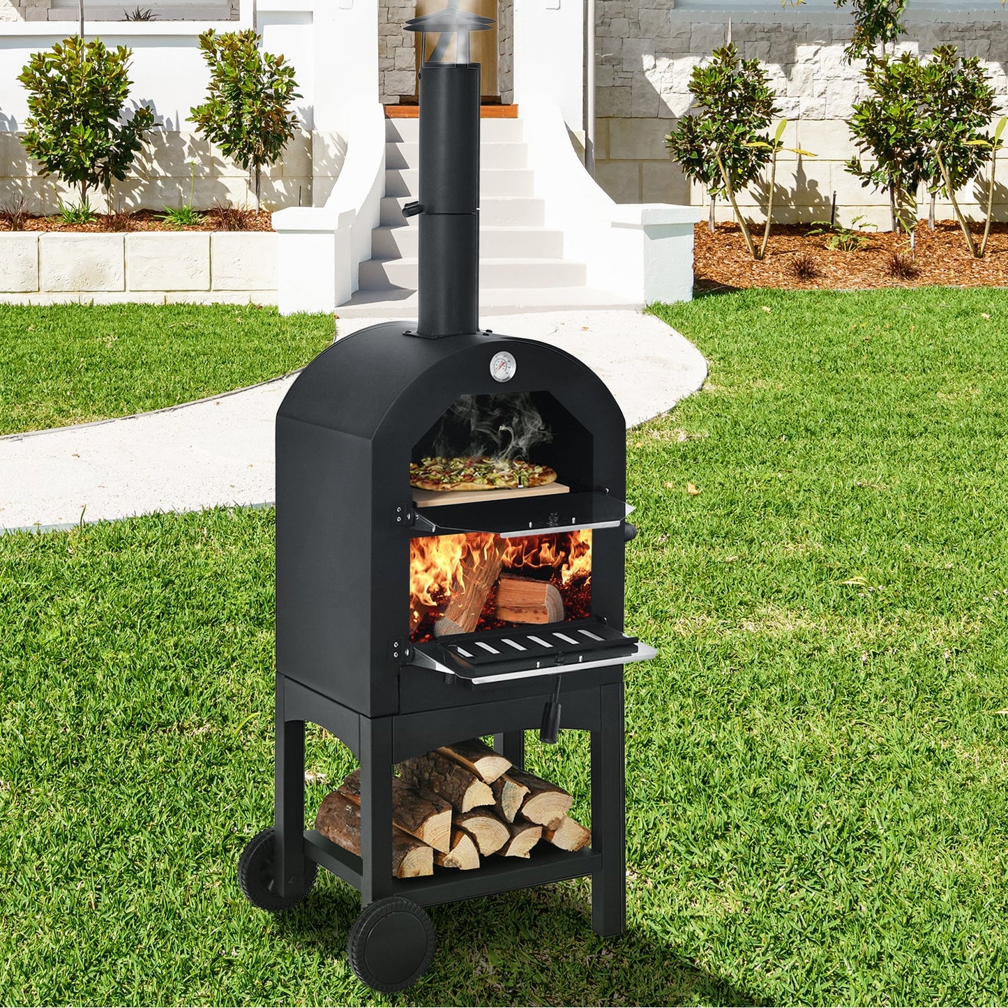 Portable outdoor pizza oven on black wheeled cart with chimney on Tampa Home & Garden Store
