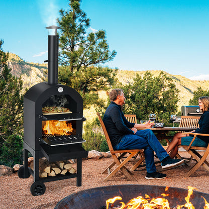 Portable outdoor pizza oven by DirectDeals with stone baking surface and chimney on wheels on Tampa Home & Garden Store
