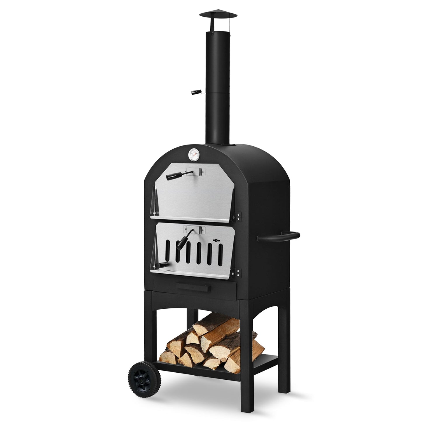 DirectDeals portable outdoor pizza oven, black steel with chimney and wood storage wheels on Tampa Home & Garden Store
