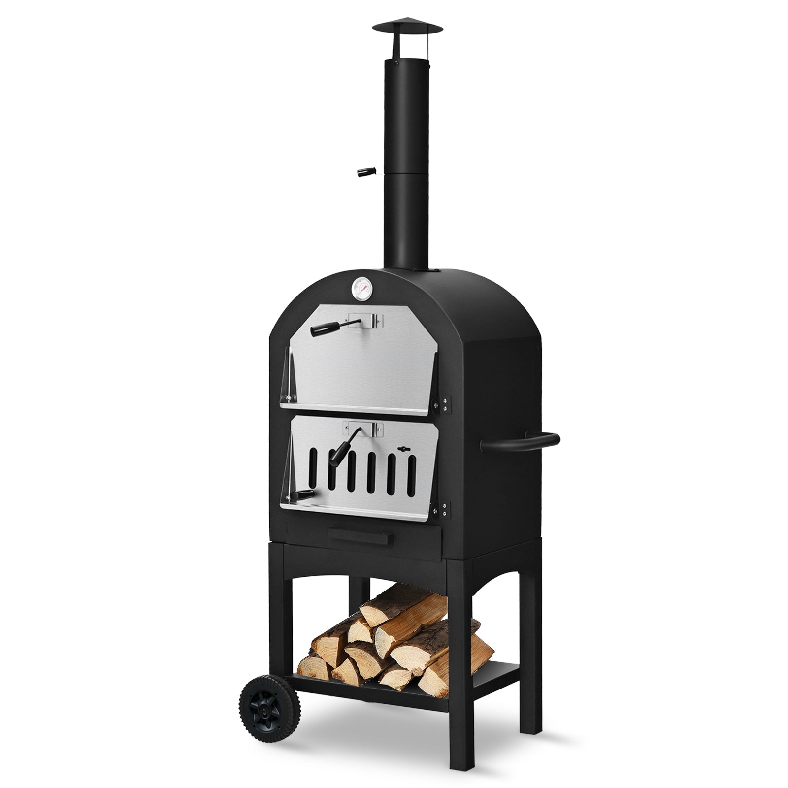 DirectDeals portable outdoor pizza oven, black steel with chimney and wood storage wheels on Tampa Home & Garden Store