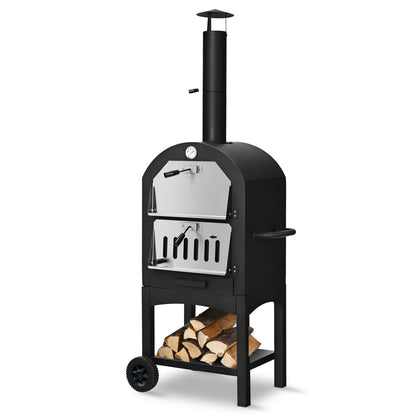 DirectDeals portable outdoor pizza oven, black steel with chimney and wood storage wheels on Tampa Home & Garden Store