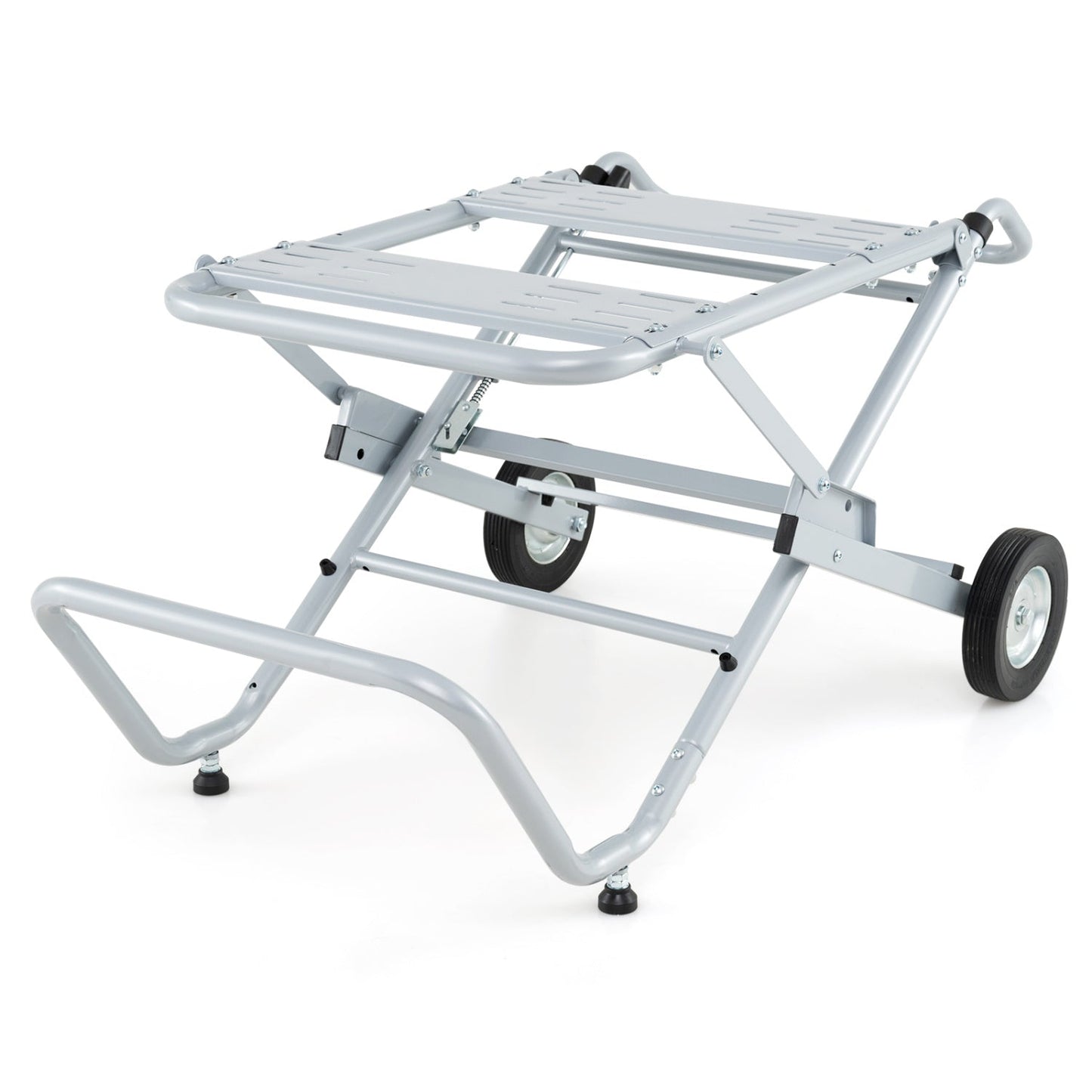 Portable table saw stand with rolling wheels, foldable silver metal frame and slotted top on Tampa Home & Garden Store