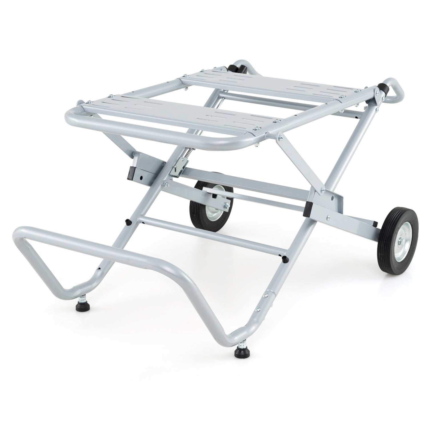 Portable table saw stand with rolling wheels, foldable silver metal frame and slotted top on Tampa Home & Garden Store