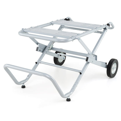 Portable table saw stand with rolling wheels, foldable silver metal frame and slotted top on Tampa Home & Garden Store