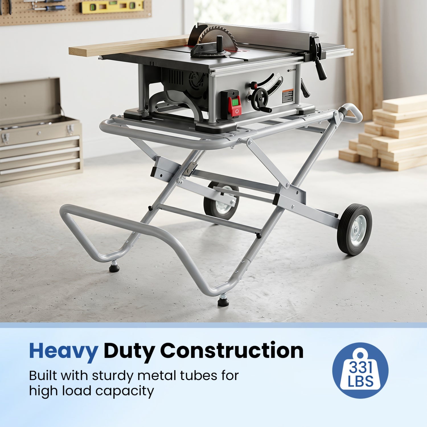 Portable table saw stand with rolling wheels, DirectDeals, foldable gray metal frame on Tampa Home & Garden Store